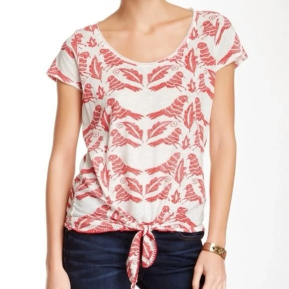 Lucky Brand Red & White Bird Print Tie Front Short Sleeve Top Size Medium - Picture 1 of 3